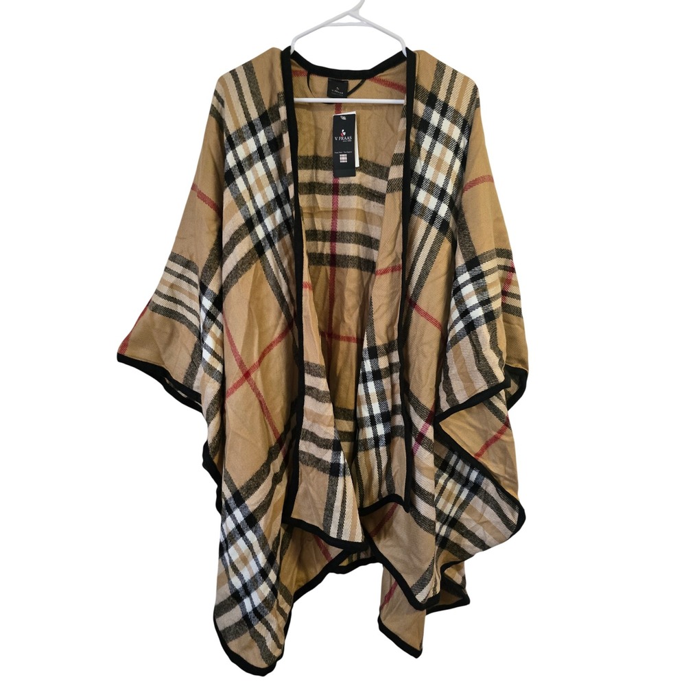 V. Fraas Plaid Wrap Poncho Ruana Camel Tan Check One Size NWT